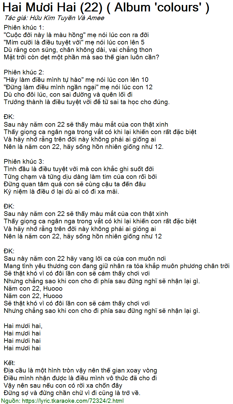 Lời Bài Hát Hai Mươi Hai