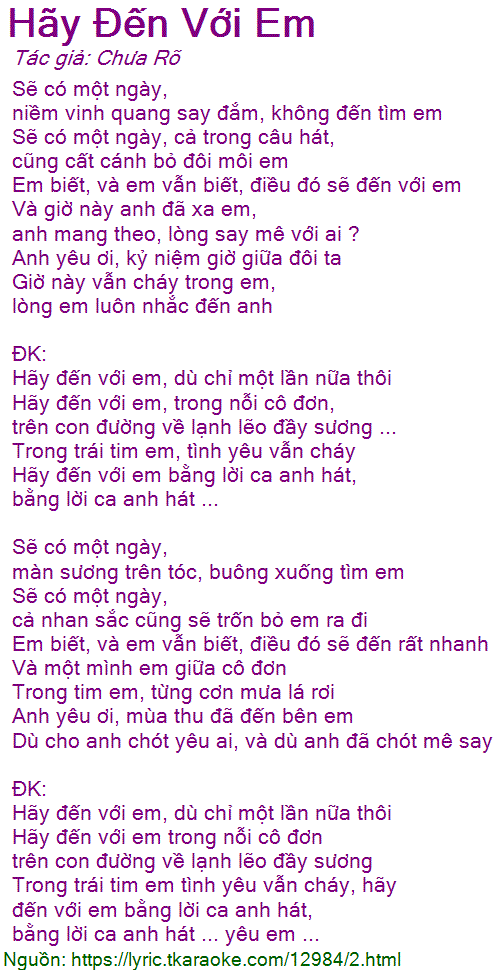 Lời Bài Hát Hãy Đến Với Em - Vĩnh Thuyên Kim