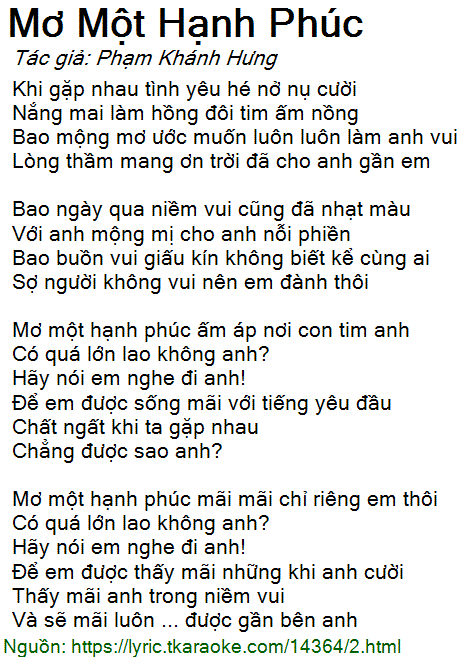 Lời Bài Hát Hiền Thục Mơ Một Hạnh Phúc