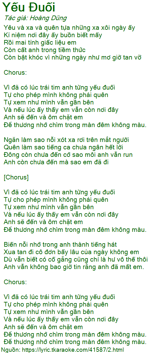 Lời Bài Hát Hoàng Dũng Yếu Đuối