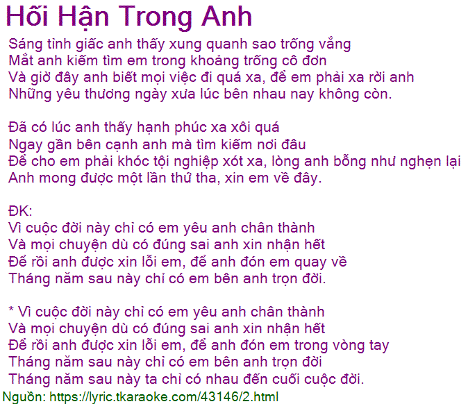 Lời Bài Hát Hối Hận Trong Anh