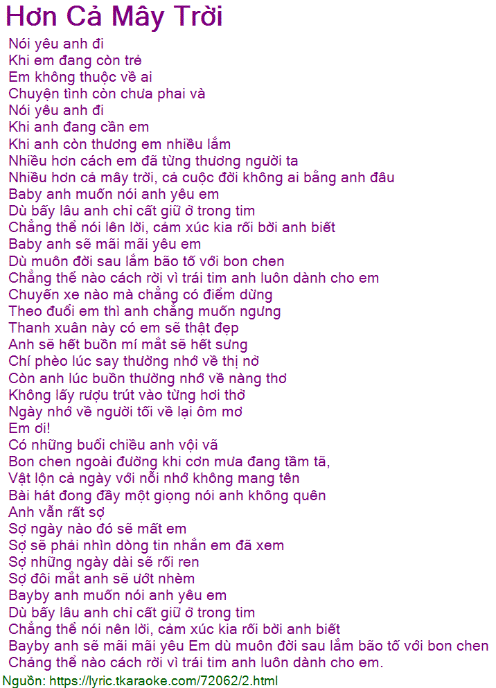Lời Bài Hát Hơn Cả Mây Trời