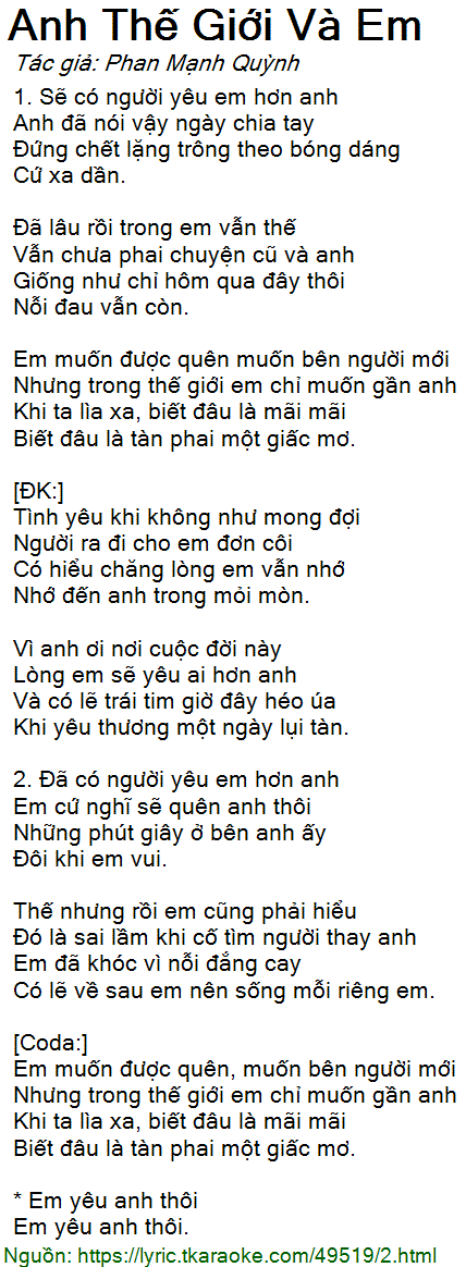 Lời Bài Hát Hương Tràm - Anh Thế Giới Và Em