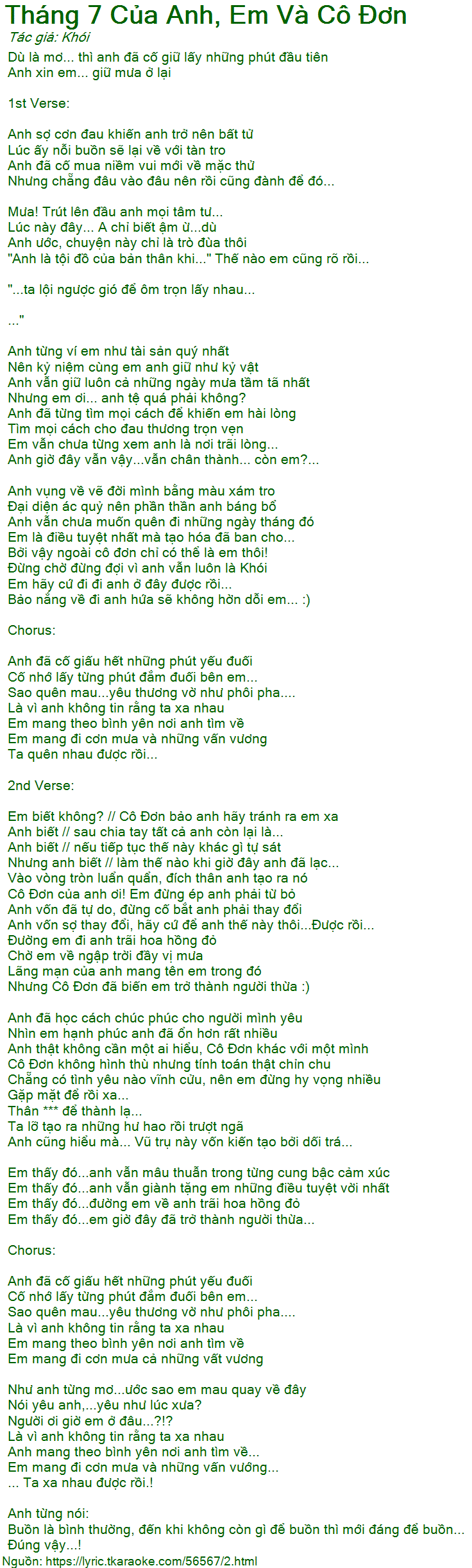 Lời Bài Hát Khói Tháng 7 Anh, Em Và Cô Đơn