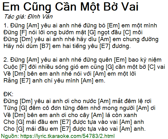 Lời Bài Hát Lam Anh - Em Cũng Cần Một Bờ Vai
