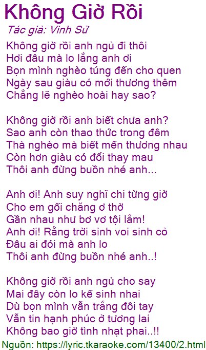 Lời Bài Hát Lệ Quyên Không Giờ Rồi
