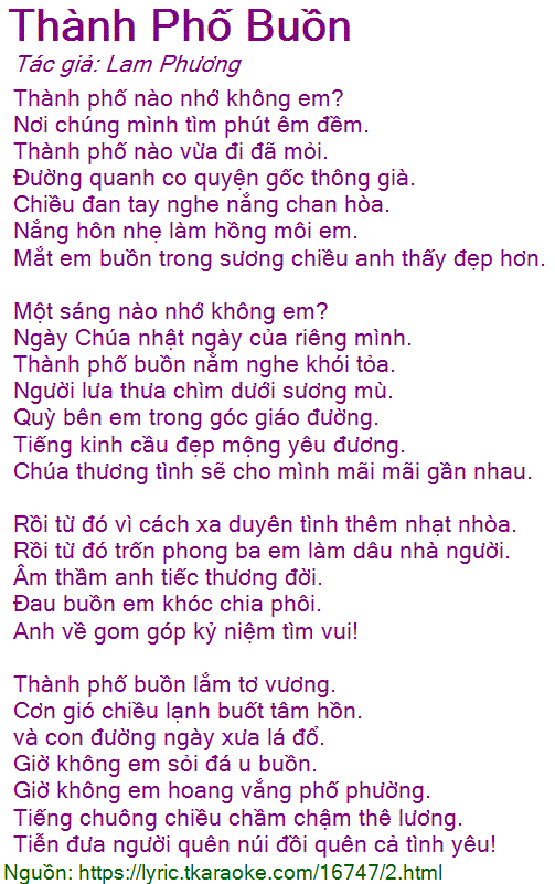 Lời Bài Hát Lệ Quyên Thành Phố Buồn