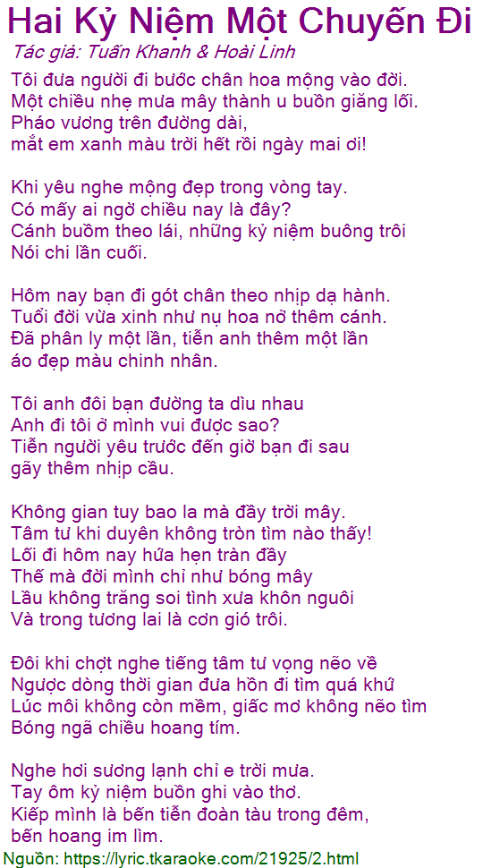 Lời Bài Hát Hai Kỷ Niệm Một Chuyến Đi Gallery 1