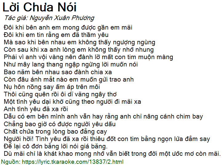 Lời Bài Hát Lời Chưa Nói