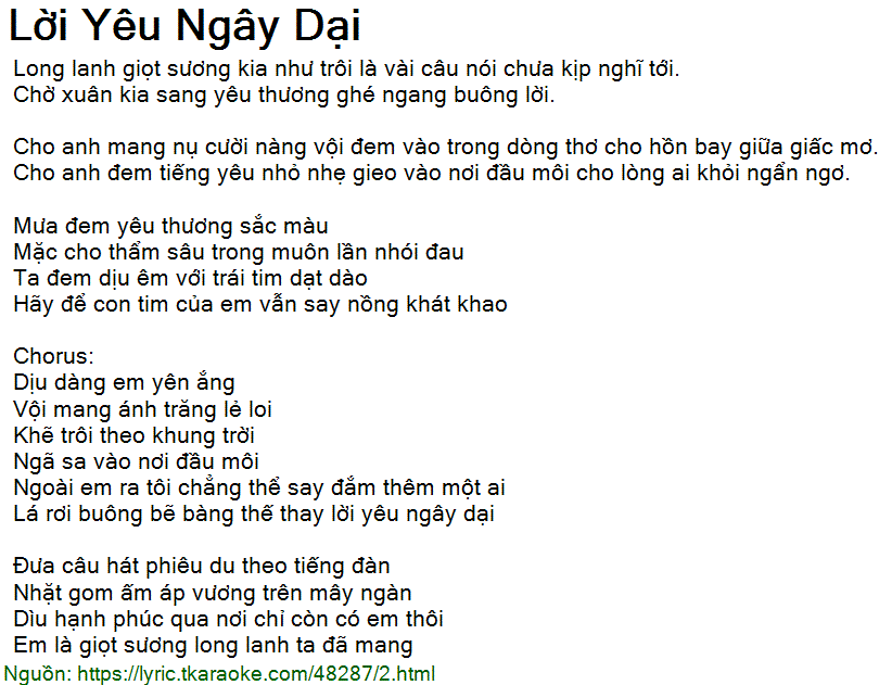 Lời Bài Hát Lời Yêu Ngây Dại