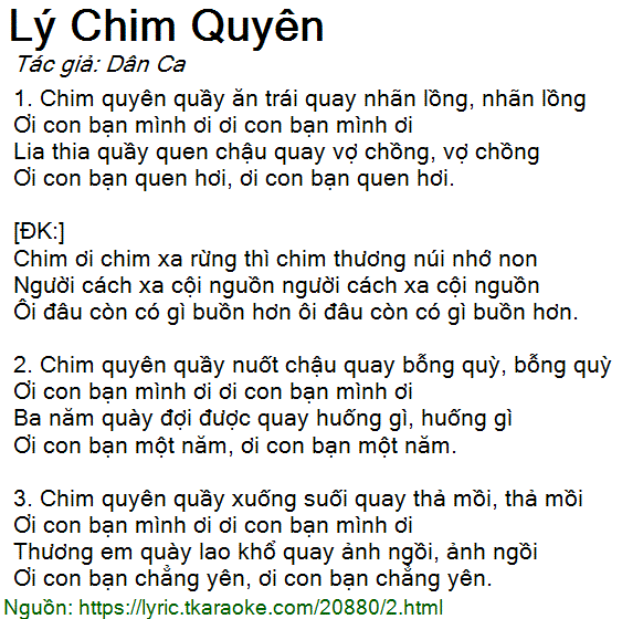 Lời Bài Hát Lý Chim Quyên