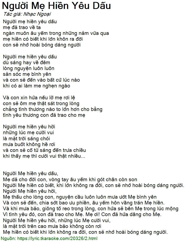 Lời Bài Hát Mẹ Hiền Yêu Dấu