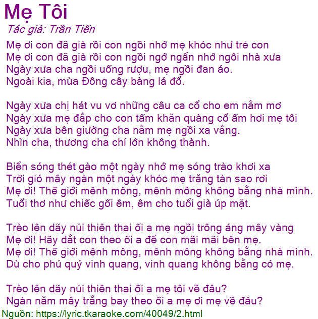 Lời Bài Hát Mẹ Tôi, Khóc Với Tôi Gallery 2