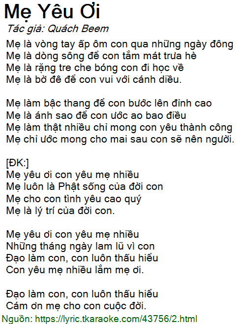 Lời Bài Hát Mẹ Yêu Ơi Con Yêu Mẹ Nhiều