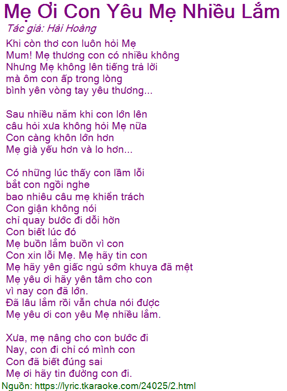 Lời Bài Hát Mẹ Yêu Ơi Con Yêu Mẹ Nhiều Gallery 2
