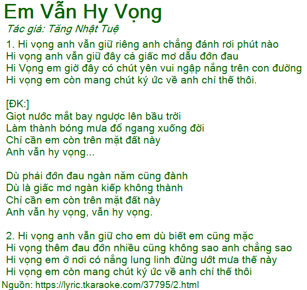 Lời Bài Hát Miu Lê - Em Vẫn Hy Vọng