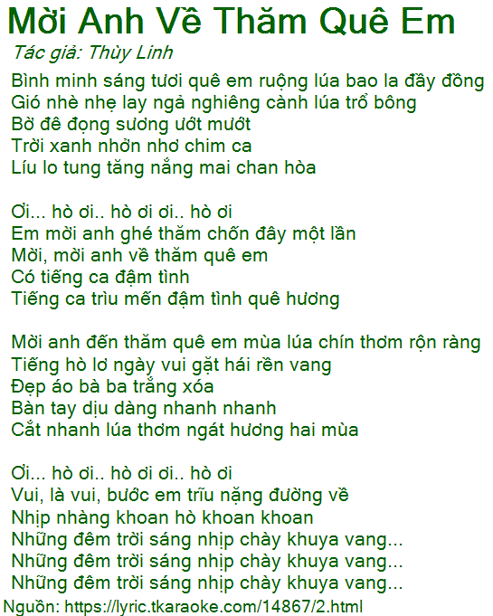Lời Bài Hát Mời Anh Về Thăm Quê Em