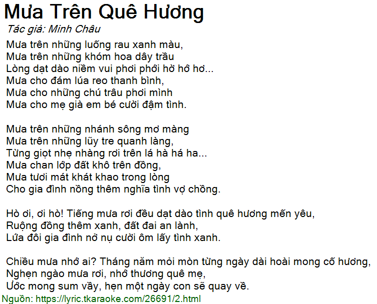 Lời Bài Hát Mưa Trên Quê Hương