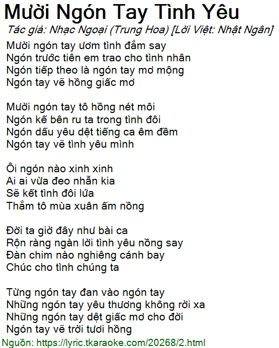 Lời Bài Hát Mười Ngón Tay Tình Yêu