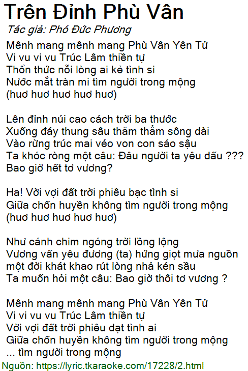 Lời Bài Hát Mỹ Linh - Trên Đỉnh Phù Vân