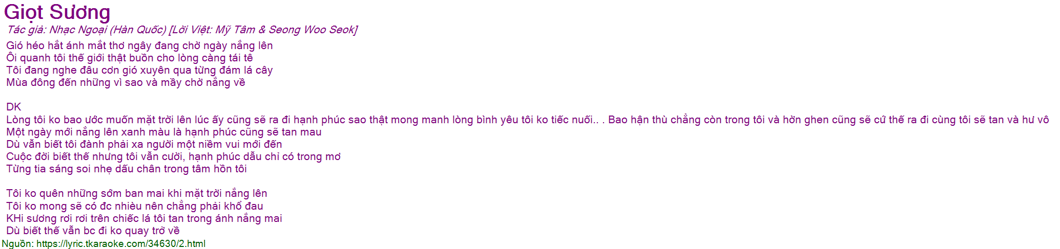 Lời Bài Hát Giọt Sương - Mỹ Tâm