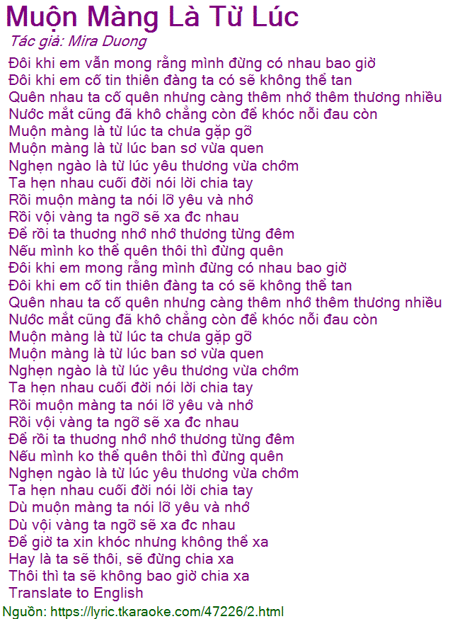 Lời Bài Hát Muộn Màng Là Từ Lúc - Mỹ Tâm
