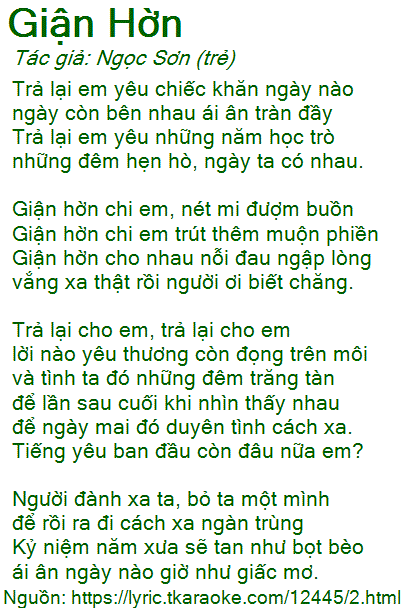 Lời Bài Hát Ngọc Sơn Giận Hờn