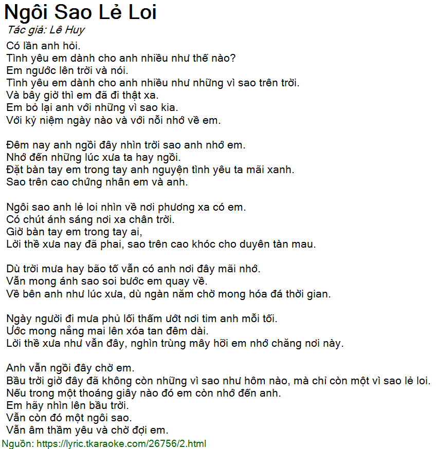 Lời Bài Hát Ngôi Sao Lẻ Loi