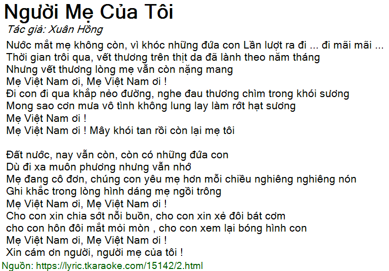 Lời Bài Hát Người Mẹ Của Tôi