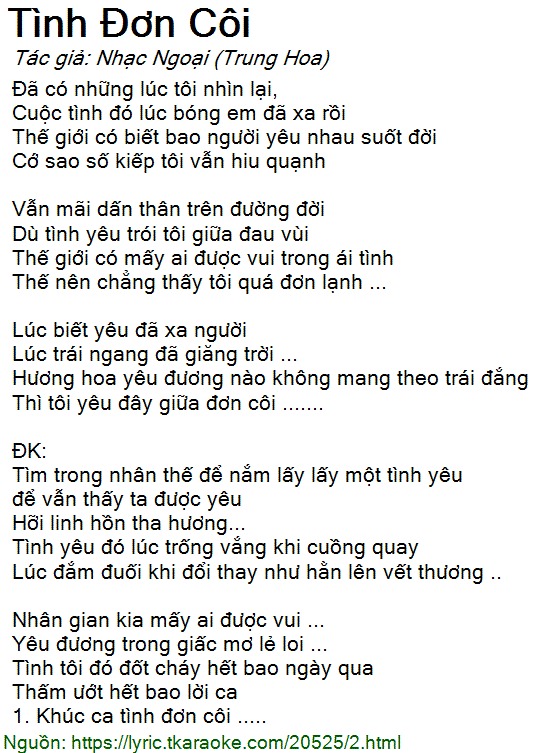 Lời Bài Hát Nguyễn Phi Hùng - Tình Đơn Côi