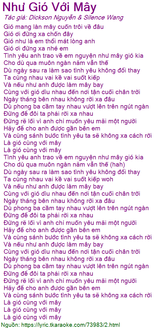 Lời Bài Hát Như Gió Với Mây