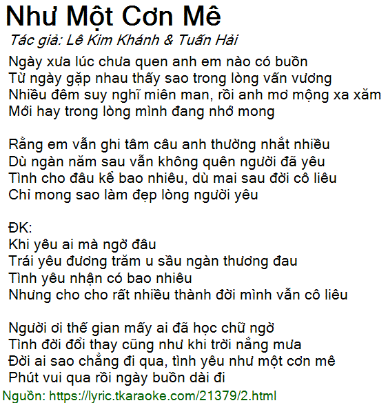 Lời Bài Hát Như Một Cơn Mê