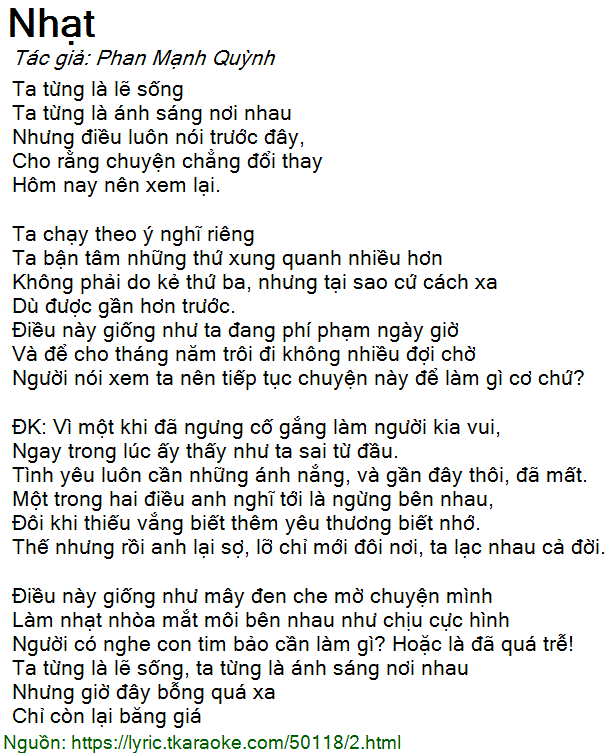 Lời Bài Hát Nhạt - Phan Mạnh Quỳnh