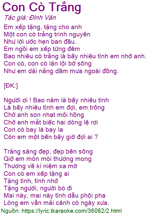 Lời Bài Hát Phi Nhung Con Cò Trắng