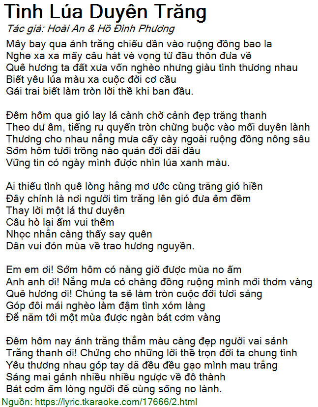 Lời Bài Hát Phương Anh Tình Lúa Duyên Trăng