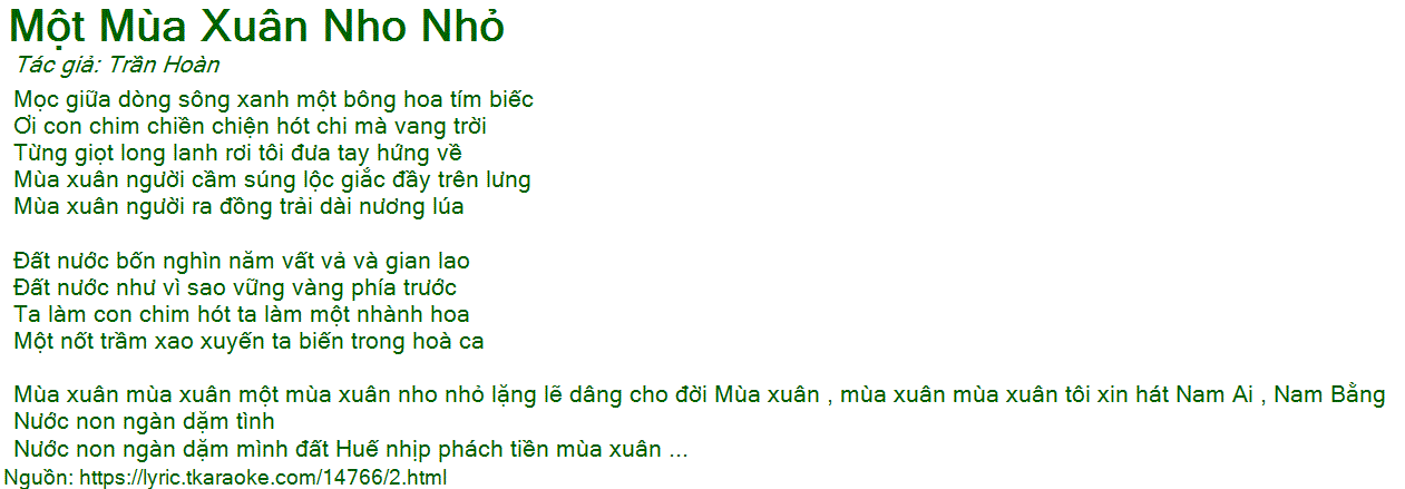 Lời Bài Hát Phương Nga - Một Mùa Xuân Nho Nhỏ