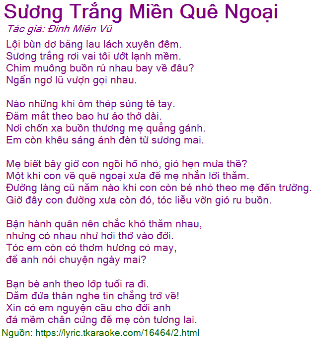 Lời Bài Hát Sương Trắng Miền Quê Ngoại - Quang Lê