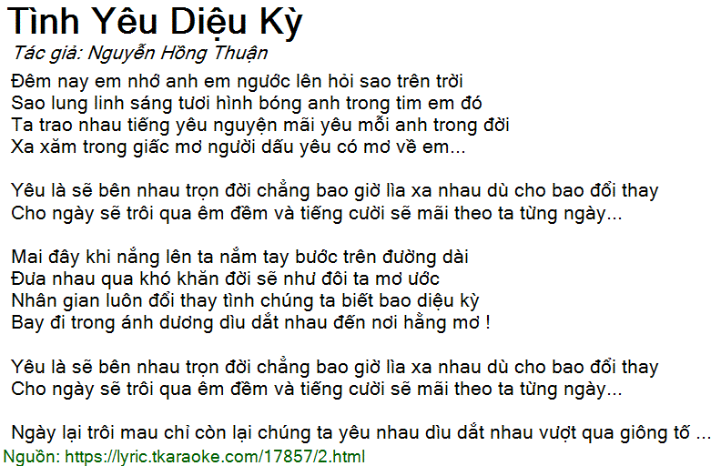 Lời Bài Hát Quang Vinh Tình Yêu Diệu Kỳ