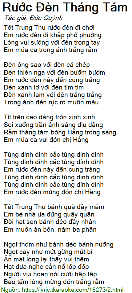 Lời Bài Hát Rước Đèn Tháng Tám