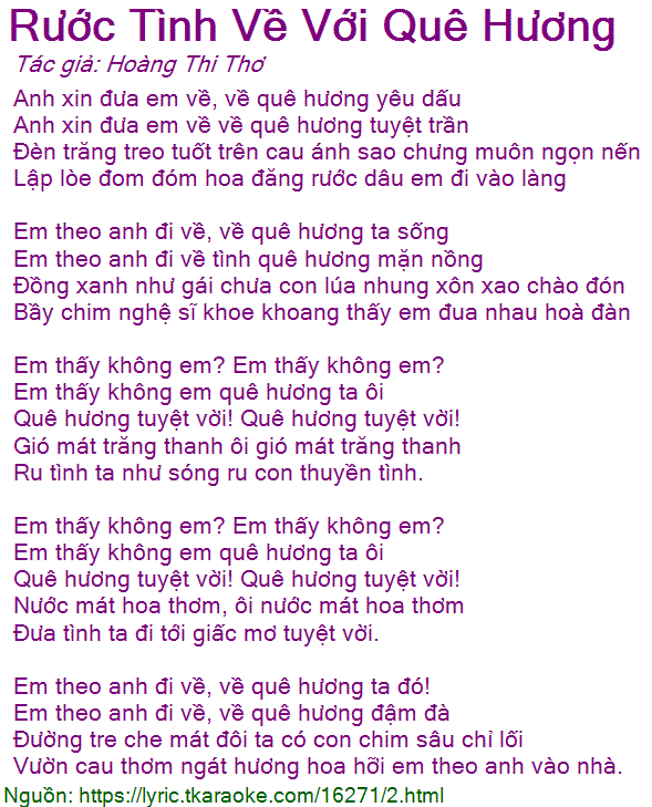 Lời Bài Hát Rước Tình Về Với Quê Hương