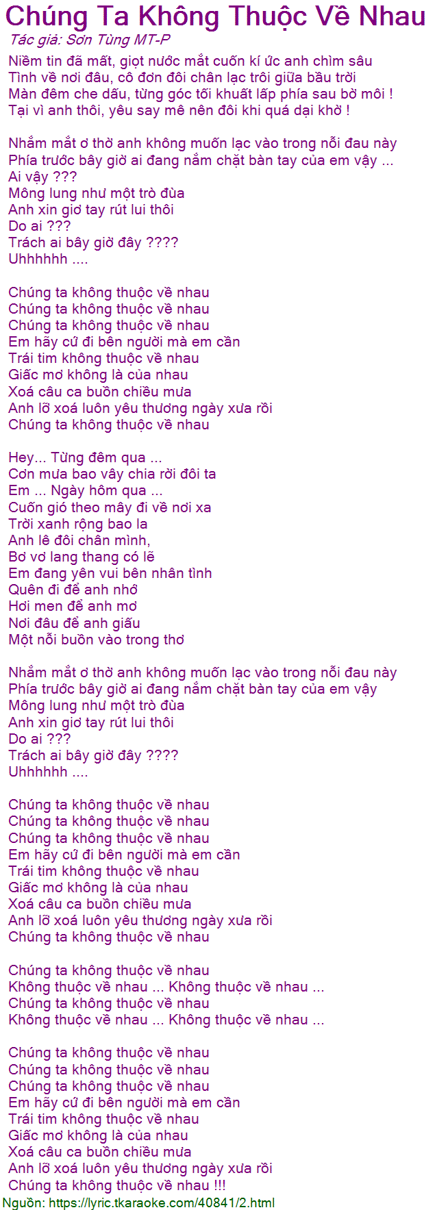 Lời Bài Hát Chúng Ta Không Thuộc Về Nhau - Sơn Tùng M-TP