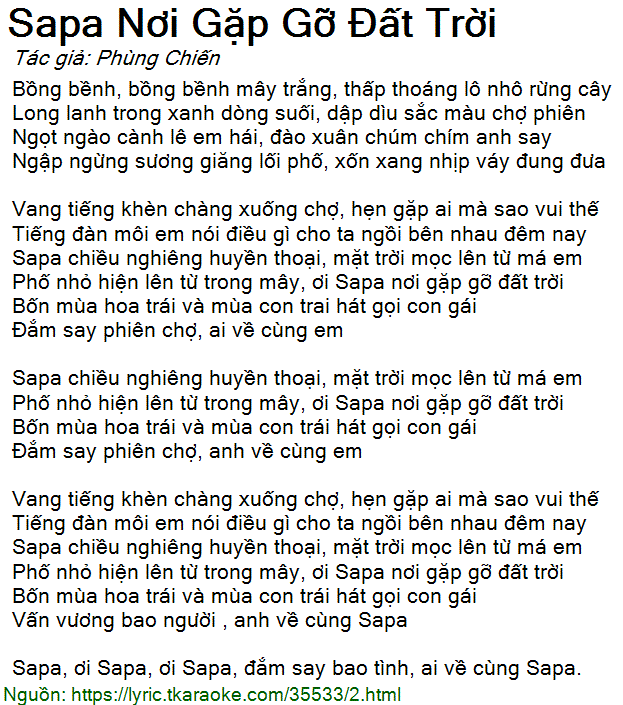 Lời Bài Hát Tan Nhàn Sapa - Nơi Gặp Gỡ Đất Trời