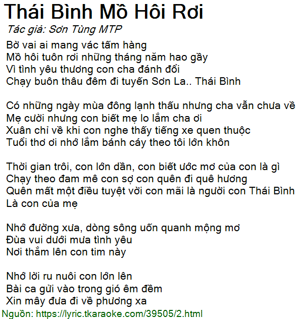 Lời Bài Hát Thái Bình Mồ Hôi Rơi