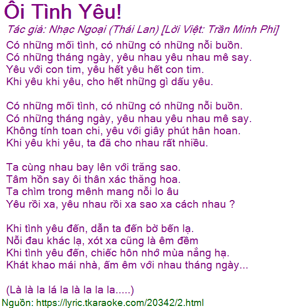 Lời Bài Hát Thanh Thảo - Ôi Tình Yêu