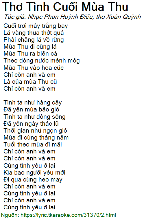Lời Bài Hát Thơ Tình Cuối Mùa Thu