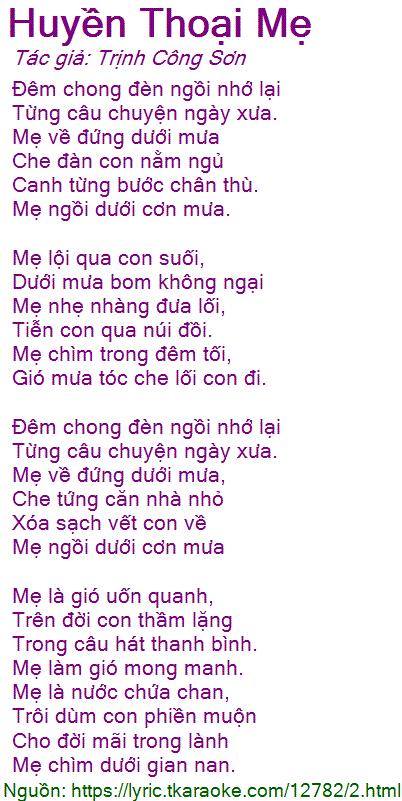 Lời Bài Hát Thu Hiền Huyền Thoại Mẹ