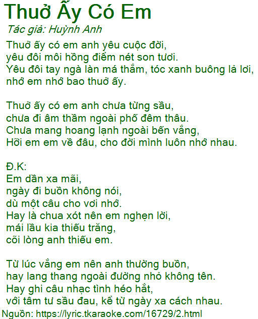 Lời Bài Hát Thuở Ấy Có Em