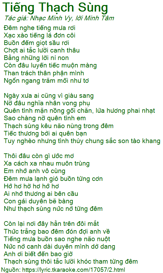 Lời Bài Hát Tiếng Thạch Sùng