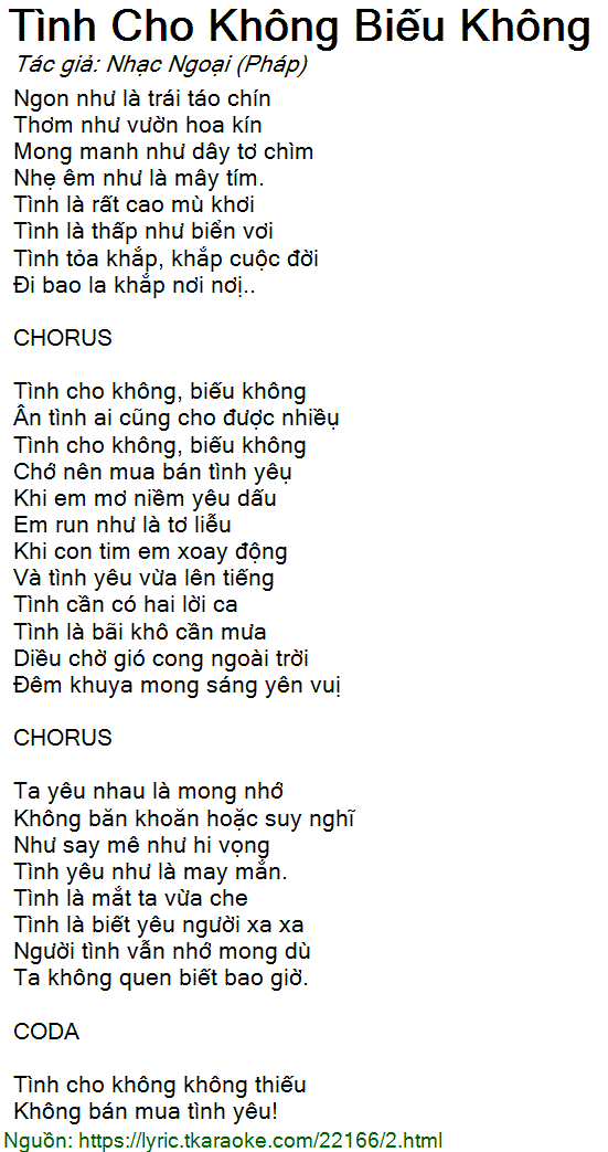 Lời Bài Hát Tình Cho Không Biếu Không