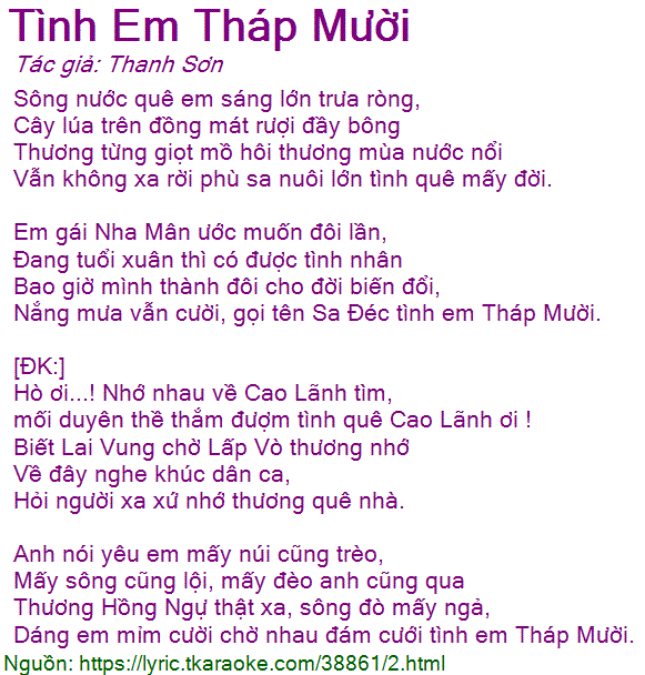 Lời Bài Hát Tình Em Tháp Mười